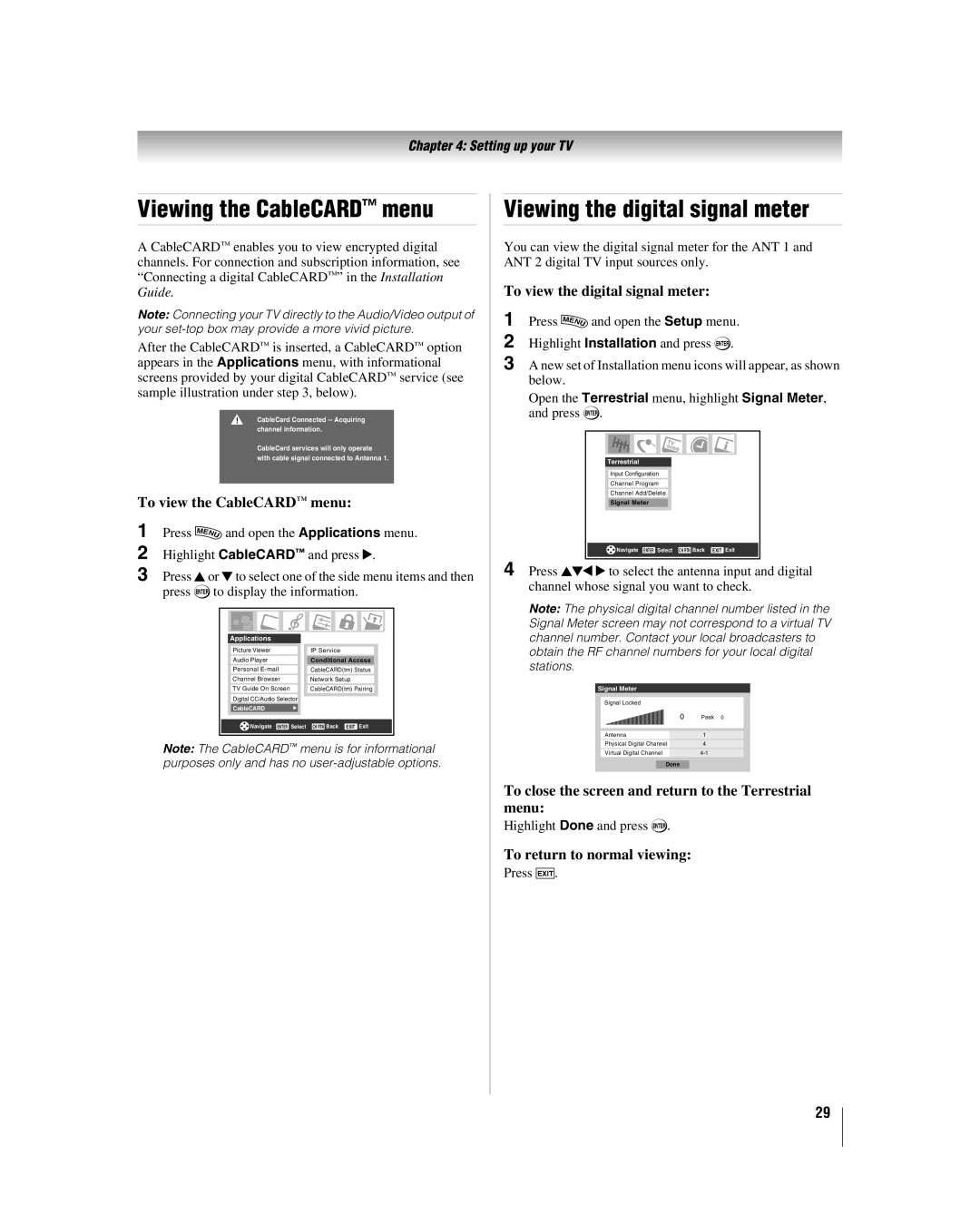 Toshiba 42LZ196, 47LZ196 manual Viewing the CableCARD menu, Viewing the digital signal meter 