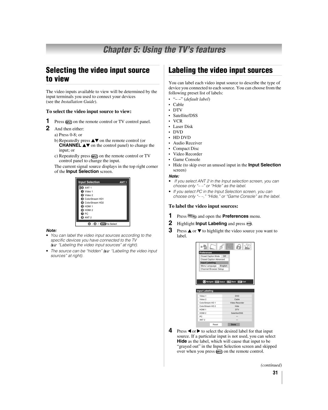 Toshiba 42LZ196, 47LZ196 manual Using the TV’s features, Labeling the video input sources, To label the video input sources 