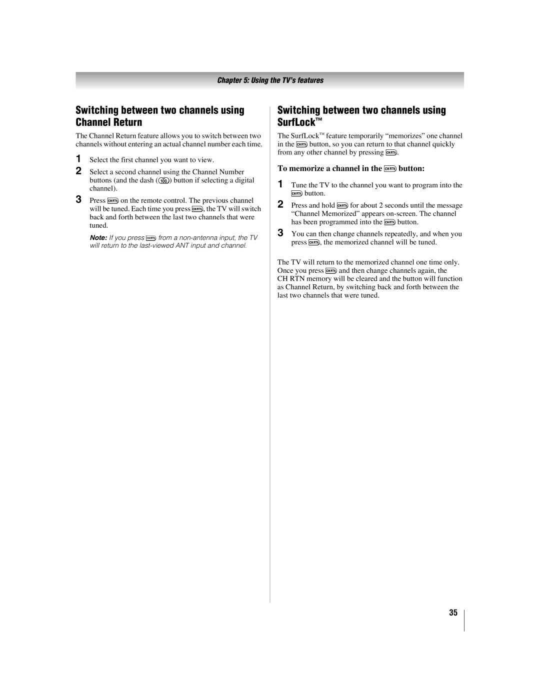 Toshiba 42LZ196 manual Switching between two channels using Channel Return, Switching between two channels using SurfLock 