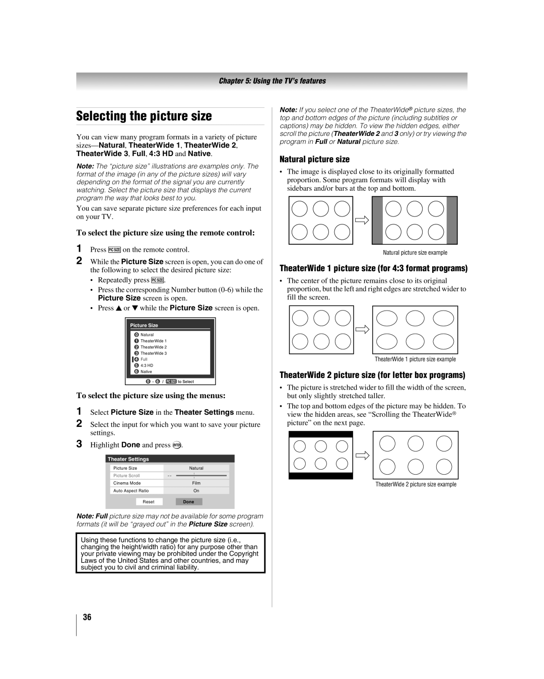 Toshiba 47LZ196 manual Selecting the picture size, Natural picture size, TheaterWide 1 picture size for 43 format programs 