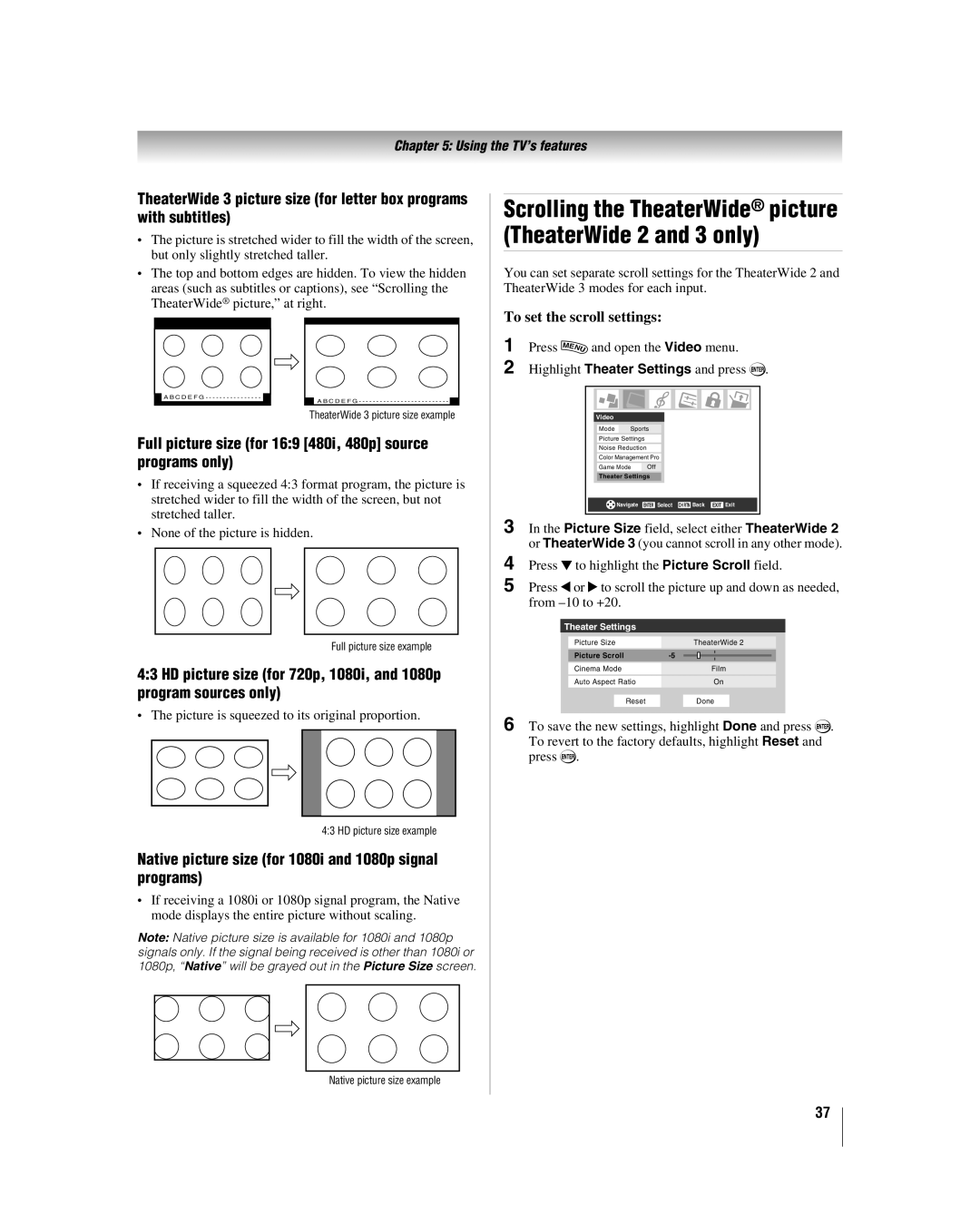 Toshiba 42LZ196, 47LZ196 manual Full picture size for 169 480i, 480p source programs only, To set the scroll settings 