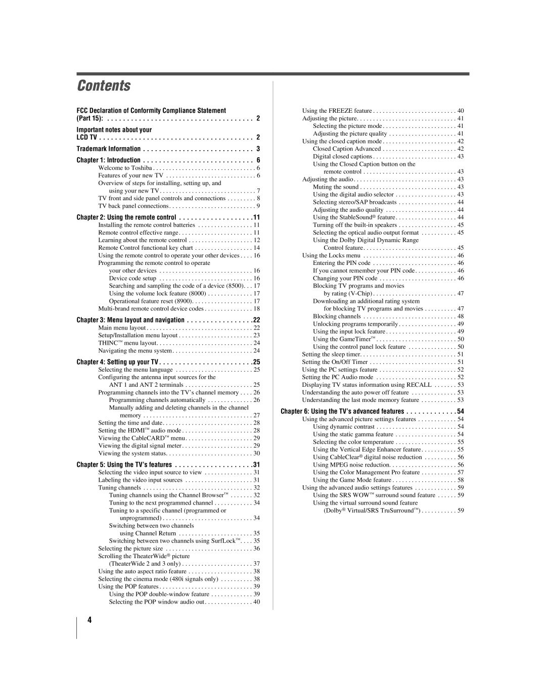 Toshiba 47LZ196, 42LZ196 manual Contents 