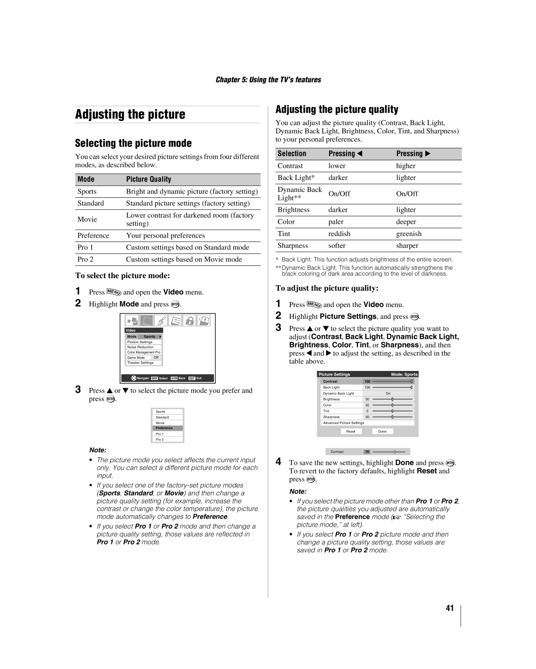 Toshiba 42LZ196, 47LZ196 manual Selecting the picture mode, Adjusting the picture quality, To select the picture mode 