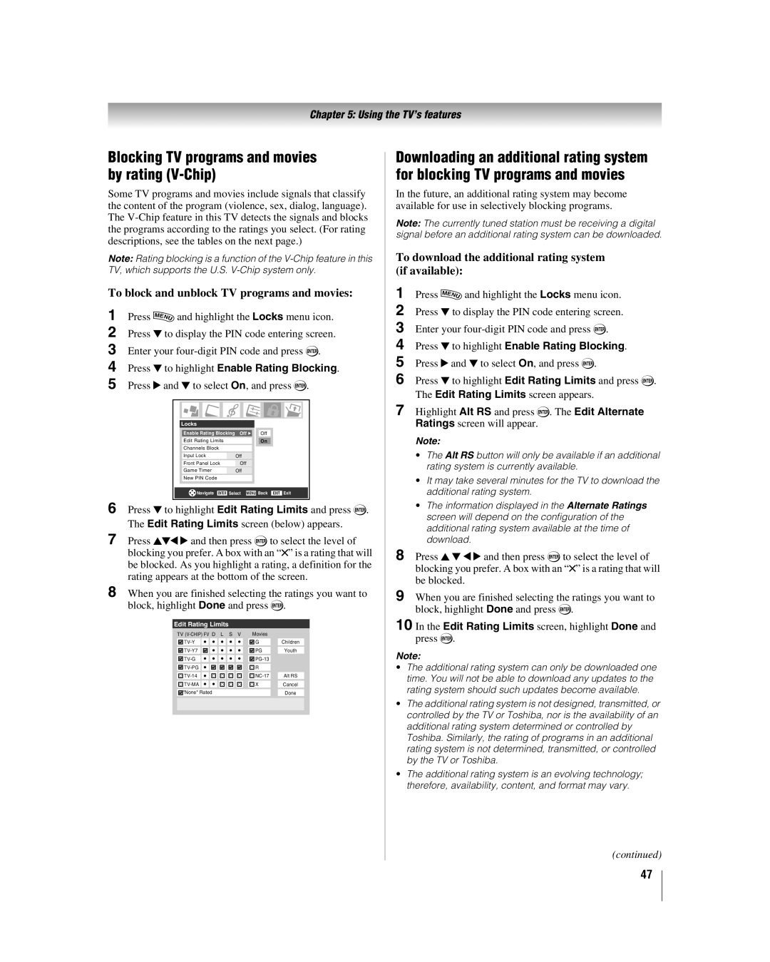 Toshiba 42LZ196, 47LZ196 Blocking TV programs and movies by rating V-Chip, To block and unblock TV programs and movies 