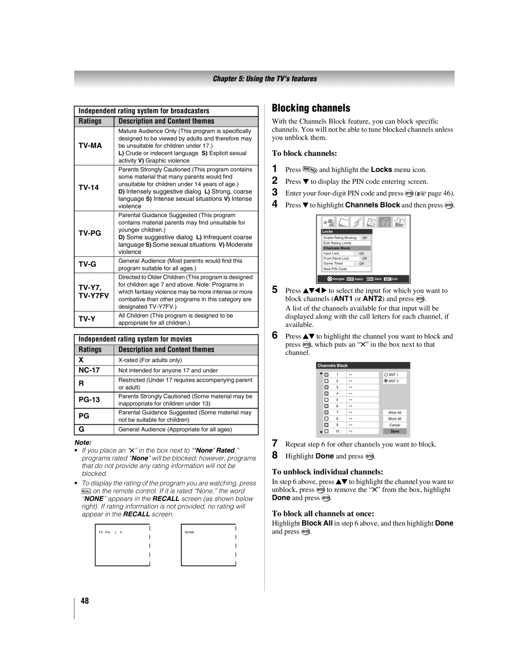 Toshiba 47LZ196 manual Blocking channels, To block channels, To unblock individual channels, To block all channels at once 