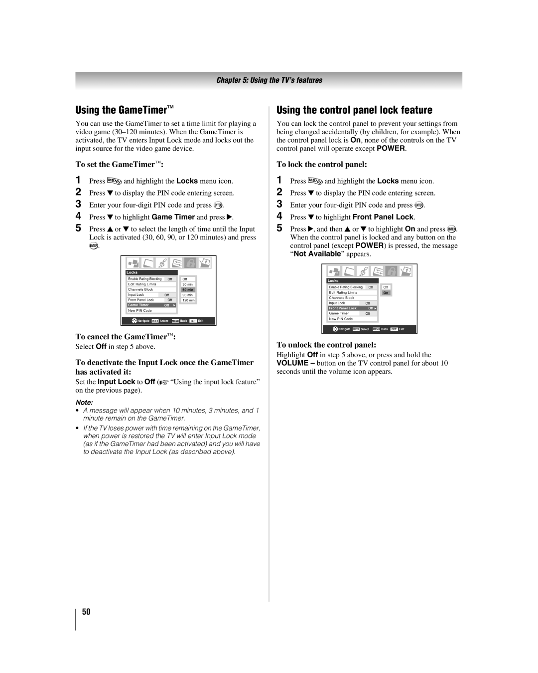 Toshiba 47LZ196, 42LZ196 manual Using the GameTimer, Using the control panel lock feature 