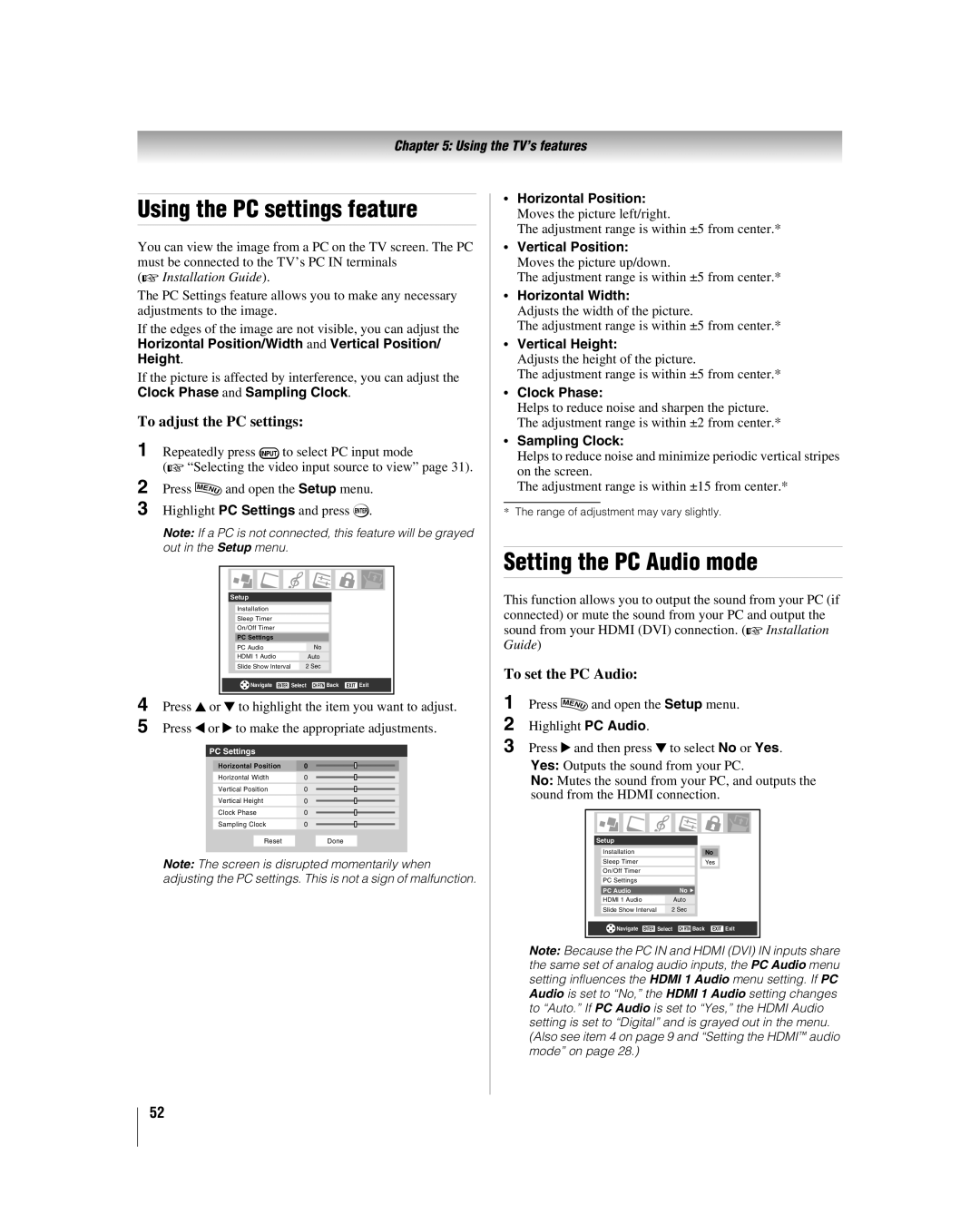 Toshiba 47LZ196 Using the PC settings feature, Setting the PC Audio mode, To adjust the PC settings, To set the PC Audio 