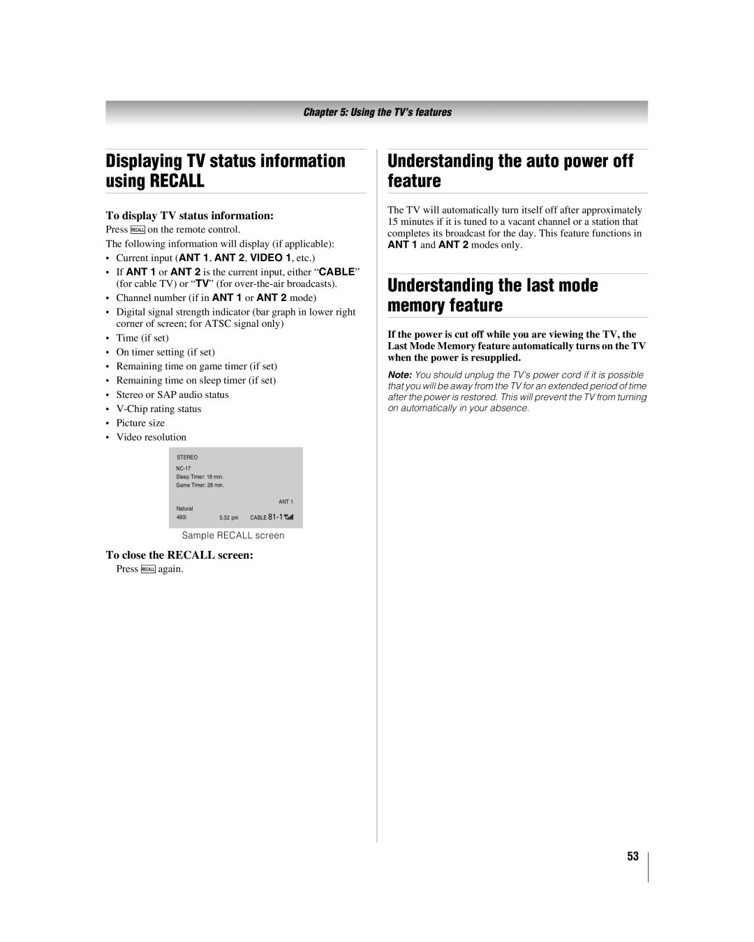 Toshiba 42LZ196, 47LZ196 manual Displaying TV status information using Recall, Understanding the auto power off feature 