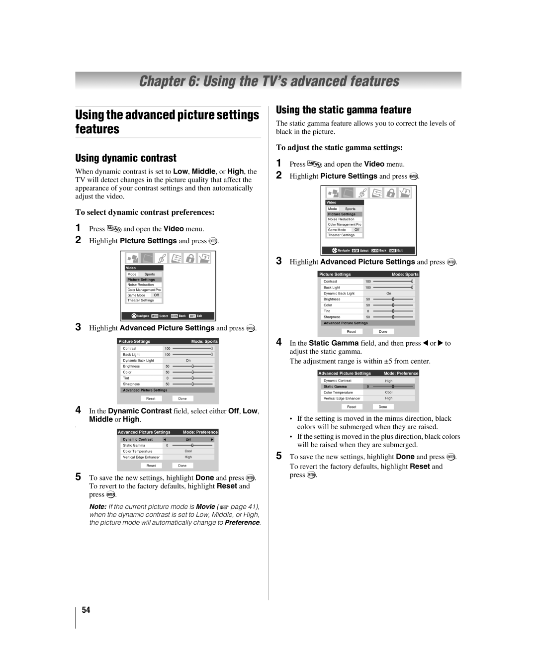 Toshiba 47LZ196 Using the TV’s advanced features, Using the advanced picture settings features, Using dynamic contrast 