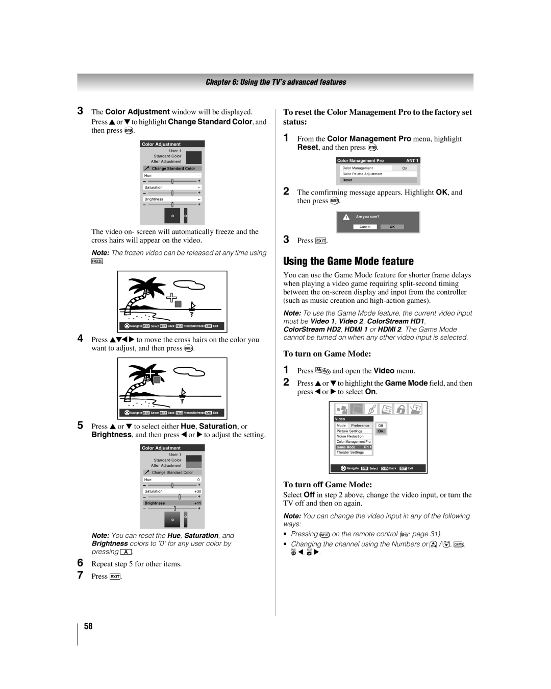 Toshiba 47LZ196, 42LZ196 manual Using the Game Mode feature, To reset the Color Management Pro to the factory set status 