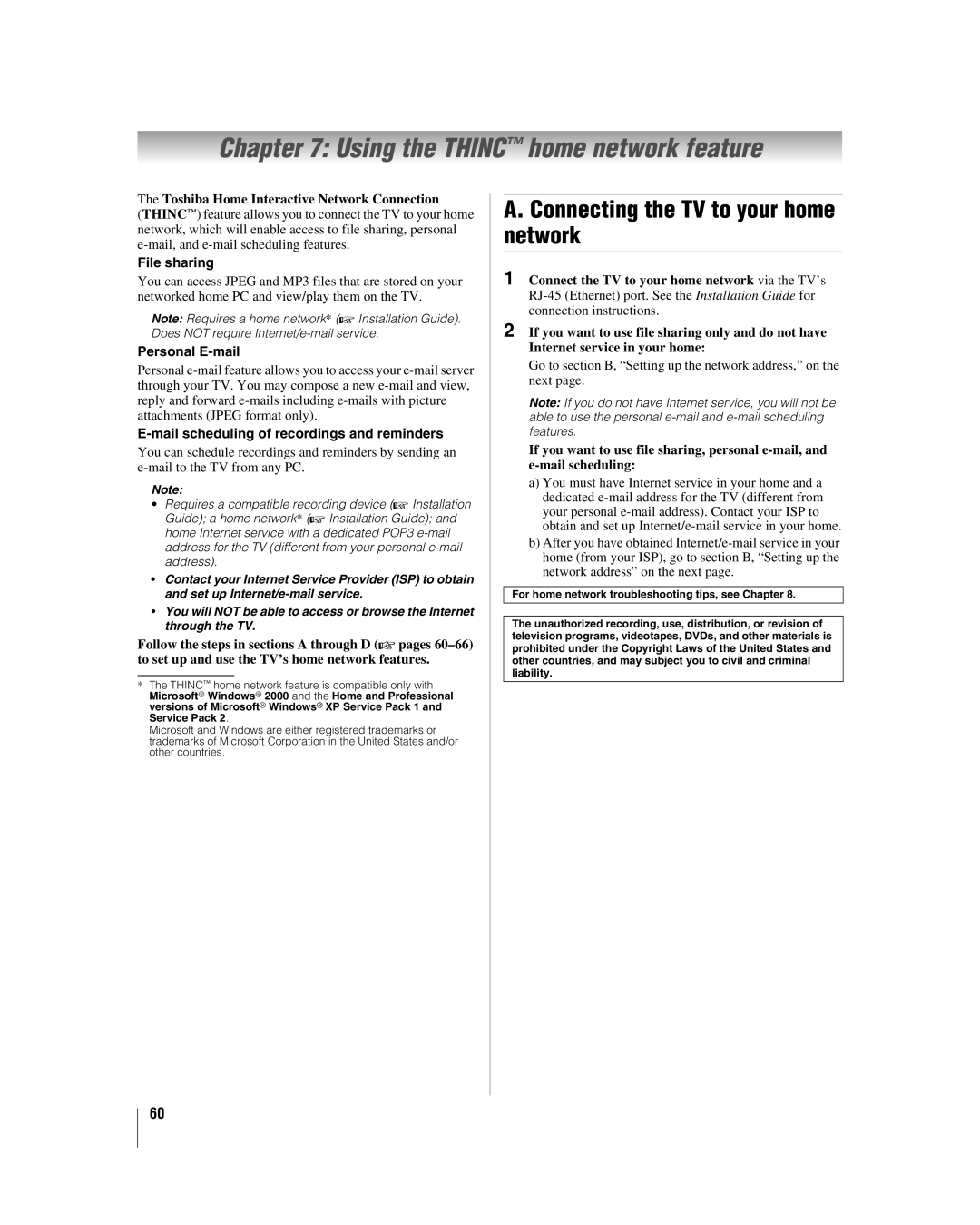 Toshiba 47LZ196, 42LZ196 manual Using the Thinc home network feature, Connecting the TV to your home network, File sharing 