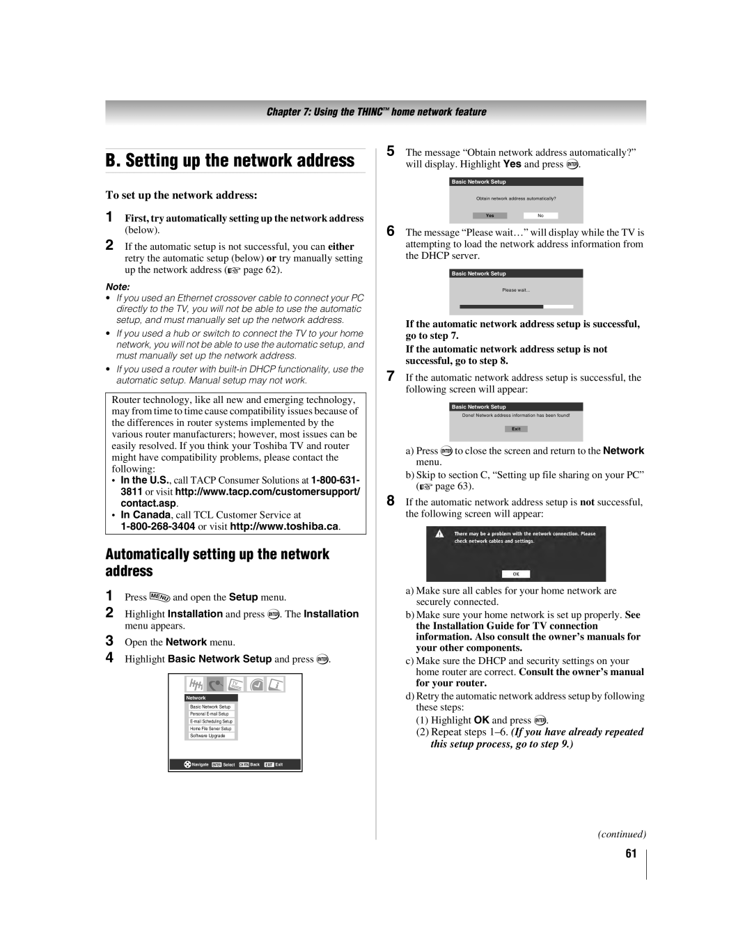 Toshiba 42LZ196 Automatically setting up the network address, To set up the network address, Basic Network Setup, YesNo 