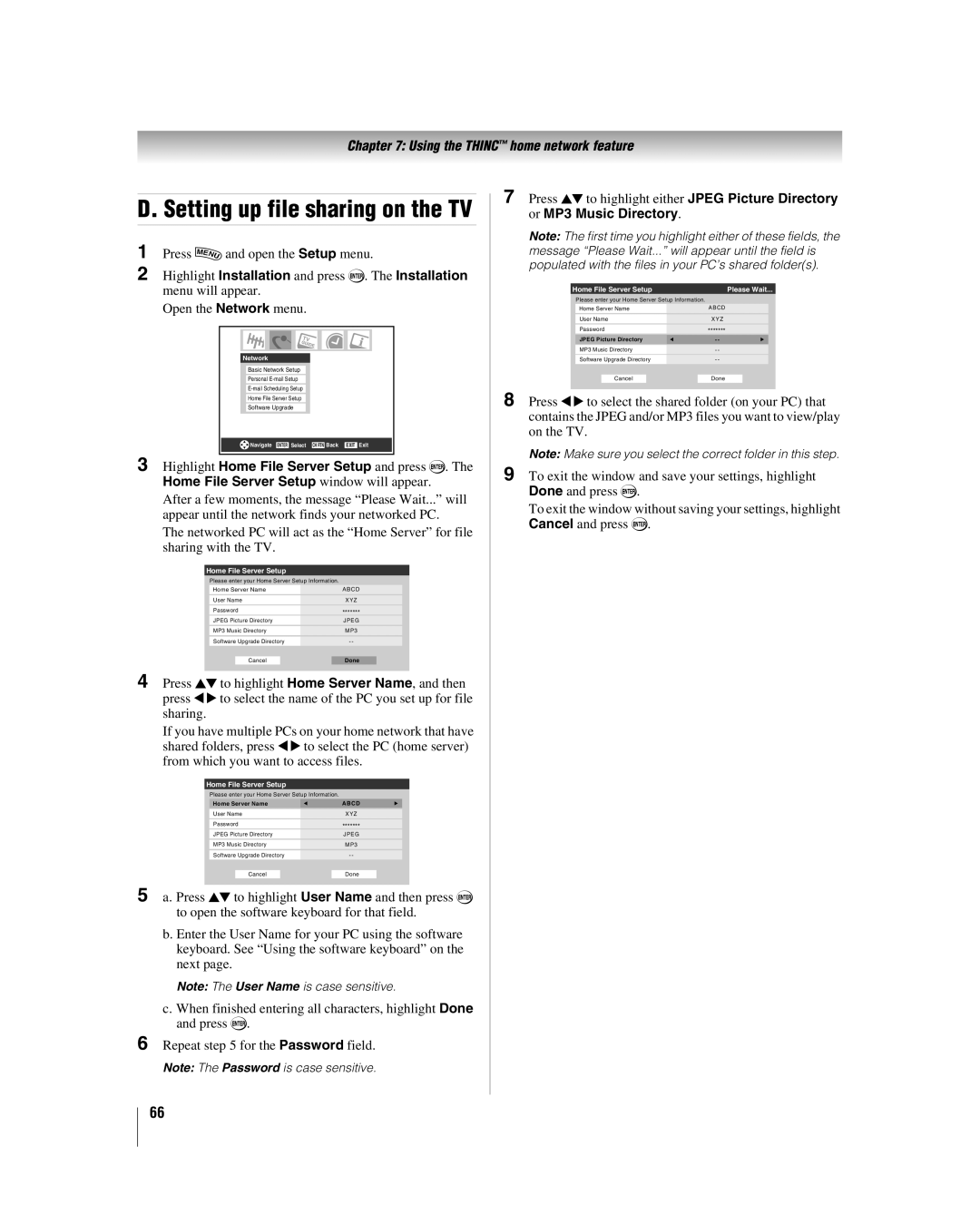 Toshiba 47LZ196, 42LZ196 manual Home File Server Setup Please Wait, Home Server Name, Jpeg Picture Directory 