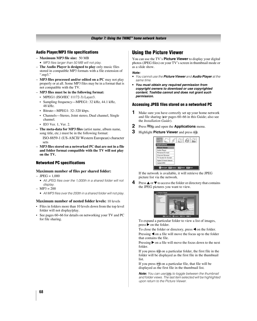 Toshiba 47LZ196, 42LZ196 manual Using the Picture Viewer, Audio Player/MP3 file specifications, Networked PC specifications 