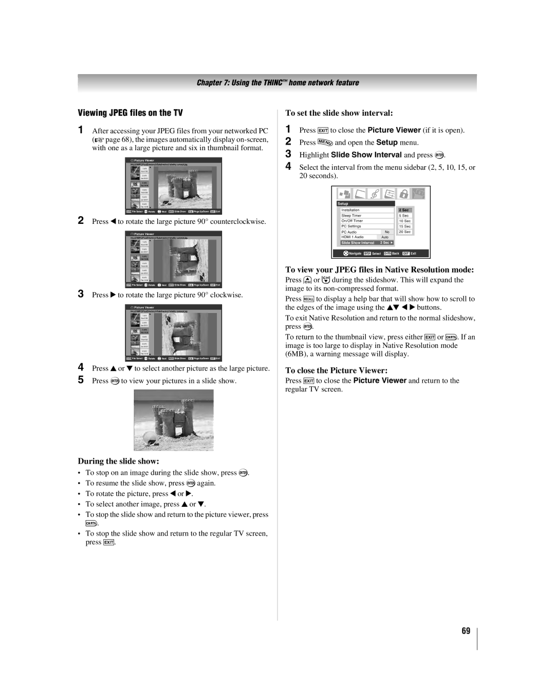 Toshiba 42LZ196, 47LZ196 manual Viewing Jpeg files on the TV, During the slide show, To set the slide show interval 