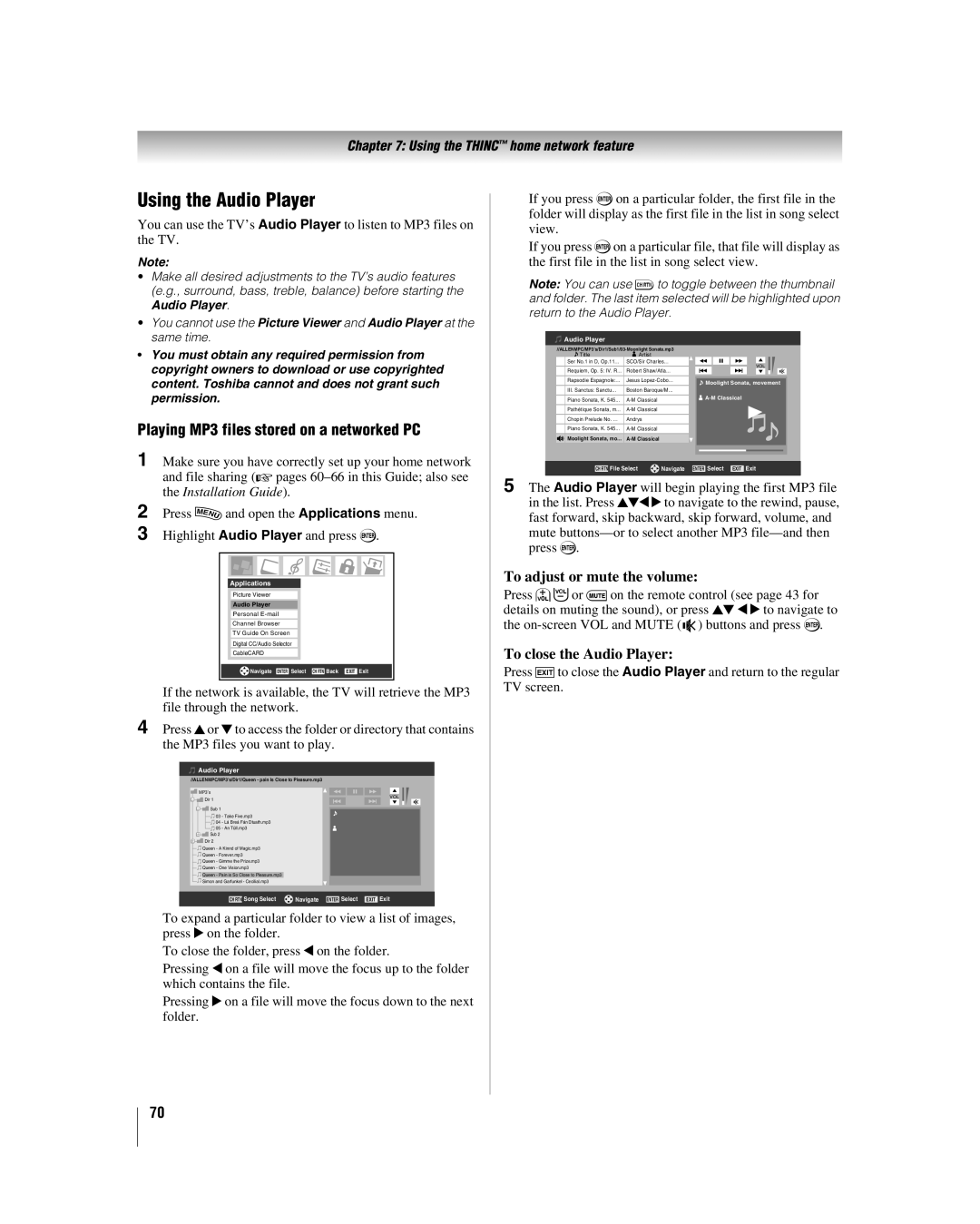 Toshiba 47LZ196, 42LZ196 Using the Audio Player, Playing MP3 files stored on a networked PC, To adjust or mute the volume 