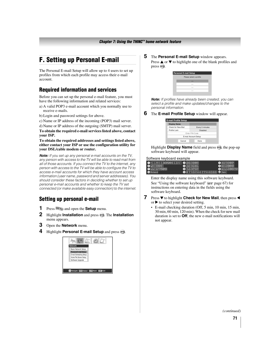 Toshiba 42LZ196, 47LZ196 manual Setting up Personal E-mail, Required information and services, Setting up personal e-mail 