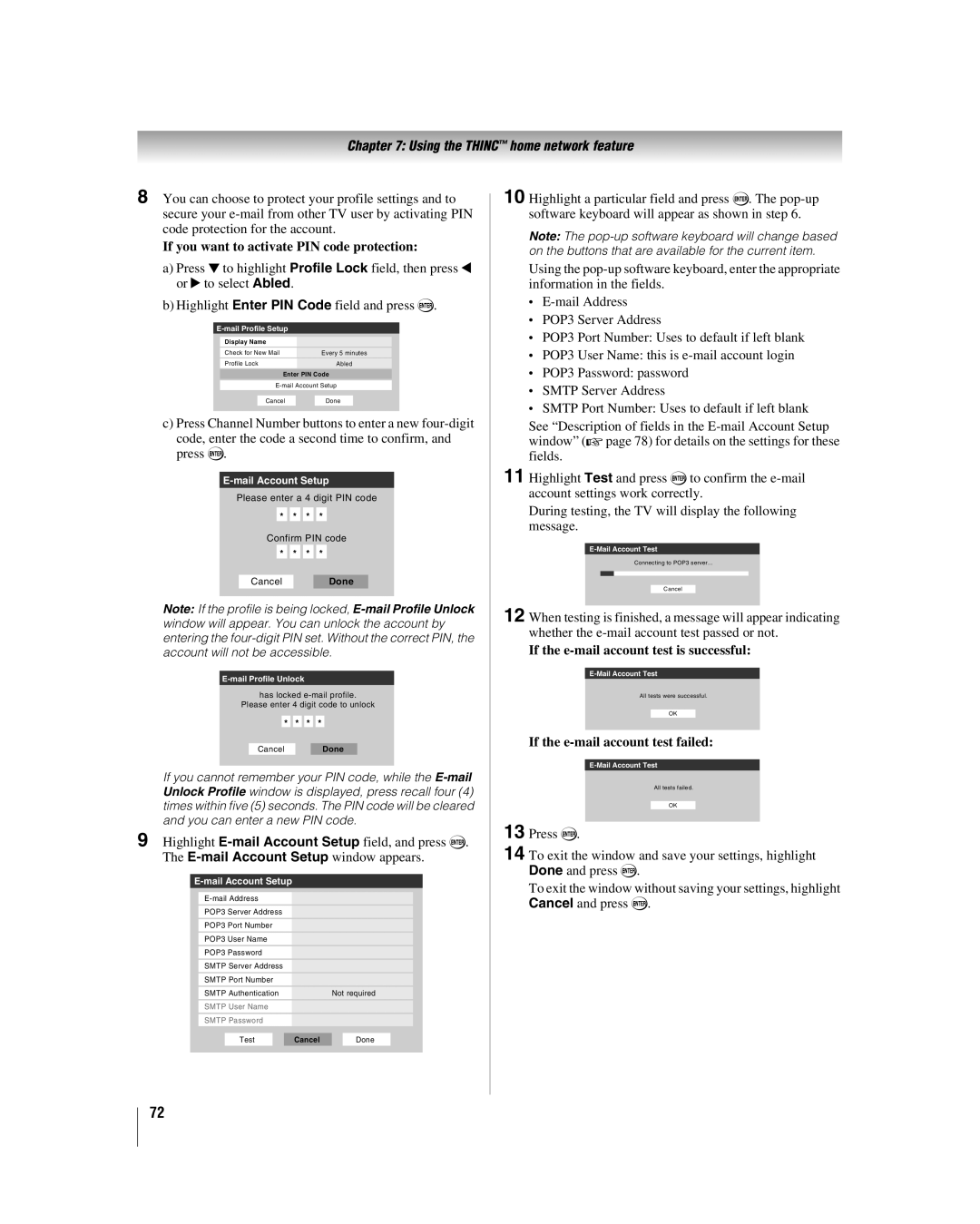 Toshiba 47LZ196, 42LZ196 manual Mail Account Test, Enter PIN Code 