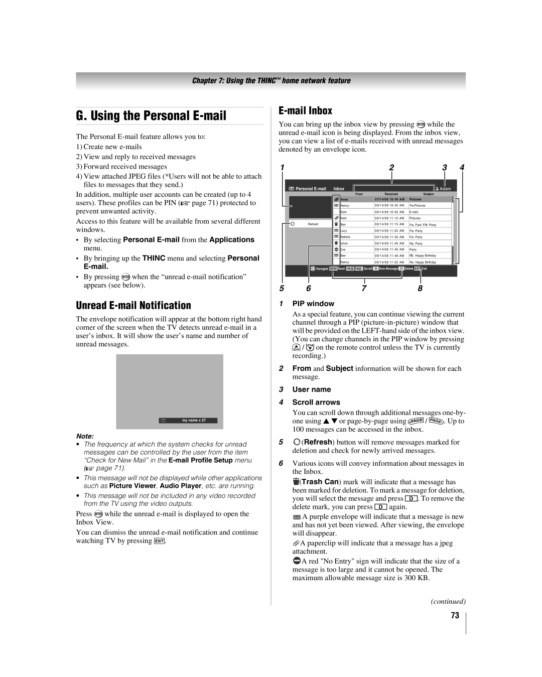 Toshiba 42LZ196, 47LZ196 manual Using the Personal E-mail, Unread E-mail Notification, Mail Inbox 