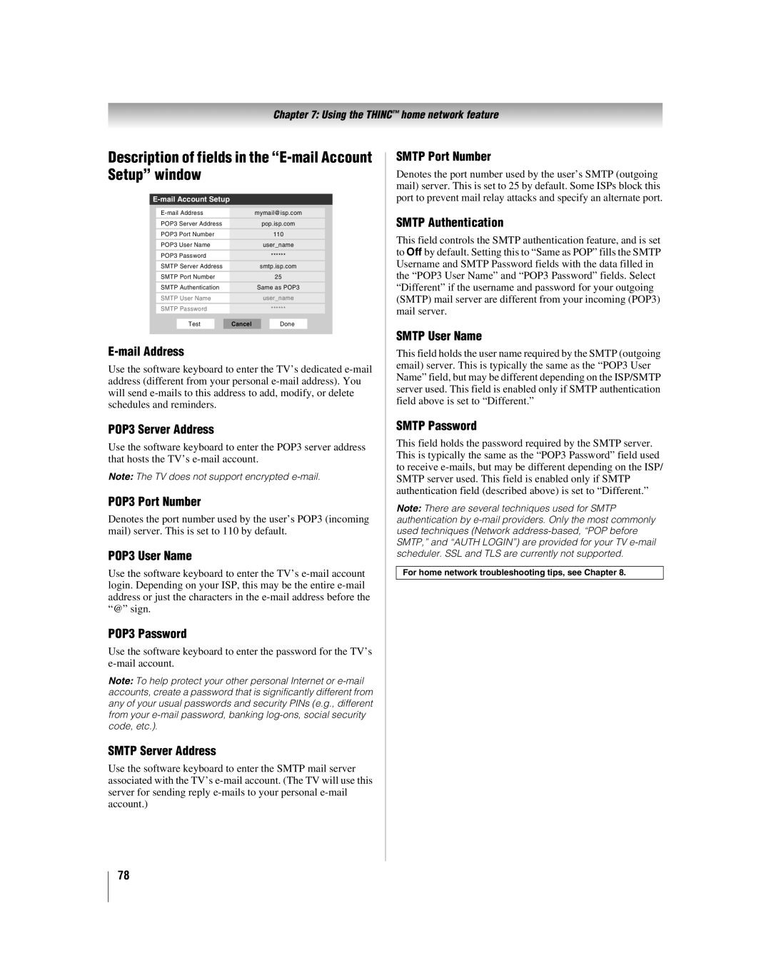 Toshiba 47LZ196, 42LZ196 manual Description of fields in the E-mail Account Setup window 