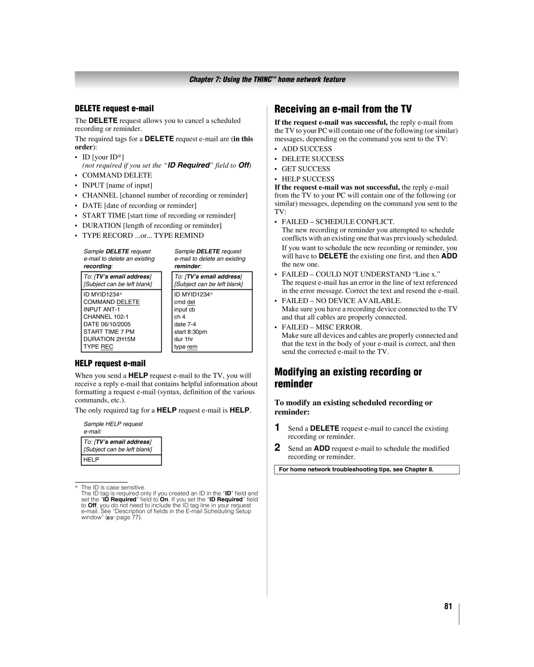 Toshiba 42LZ196 manual Receiving an e-mail from the TV, Modifying an existing recording or reminder, Delete request e-mail 