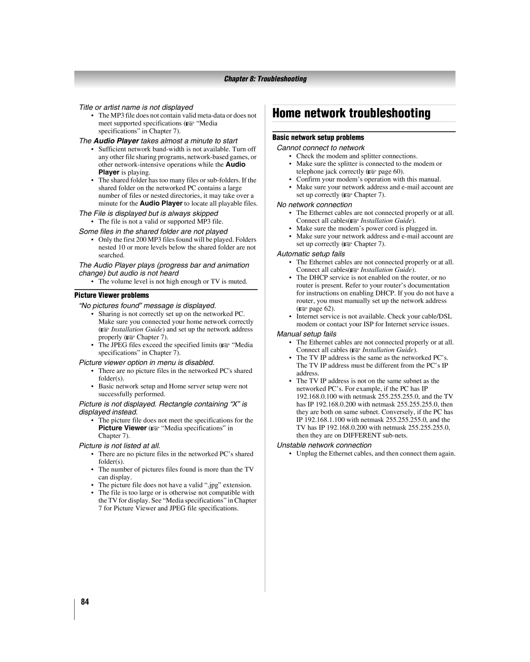 Toshiba 47LZ196, 42LZ196 manual Home network troubleshooting, Picture Viewer problems, Basic network setup problems 