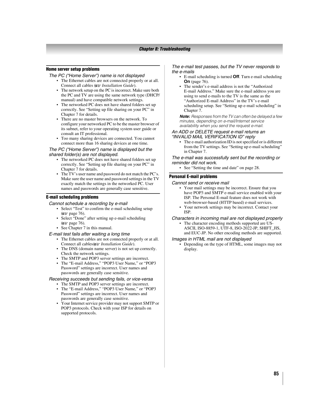 Toshiba 42LZ196, 47LZ196 manual Home server setup problems, Mail scheduling problems, Personal E-mail problems 