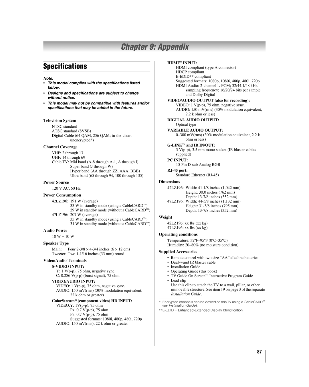 Toshiba 42LZ196, 47LZ196 manual Appendix, Specifications 