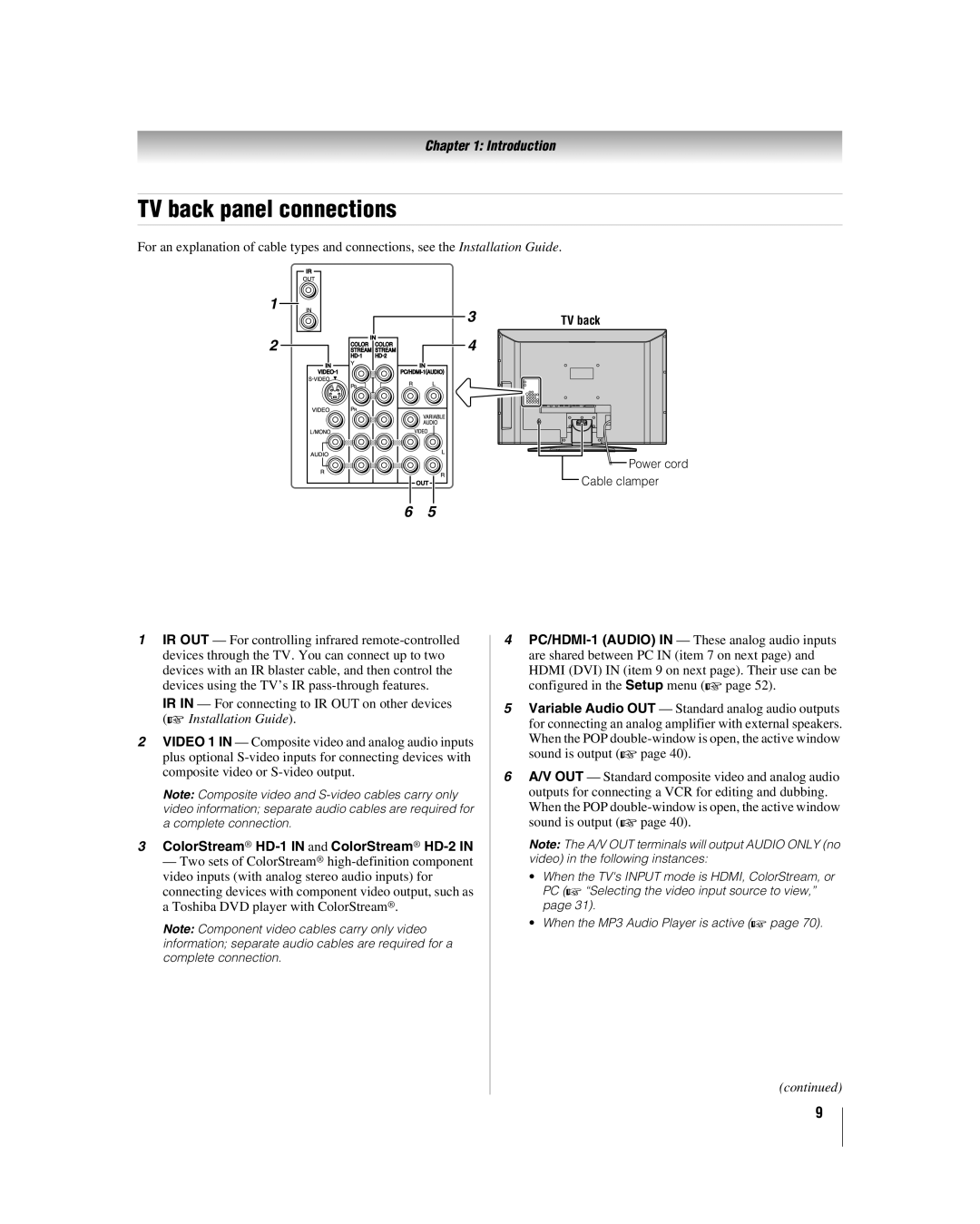 Toshiba 42LZ196, 47LZ196 manual TV back panel connections, ColorStream HD-1 in and ColorStream HD-2 