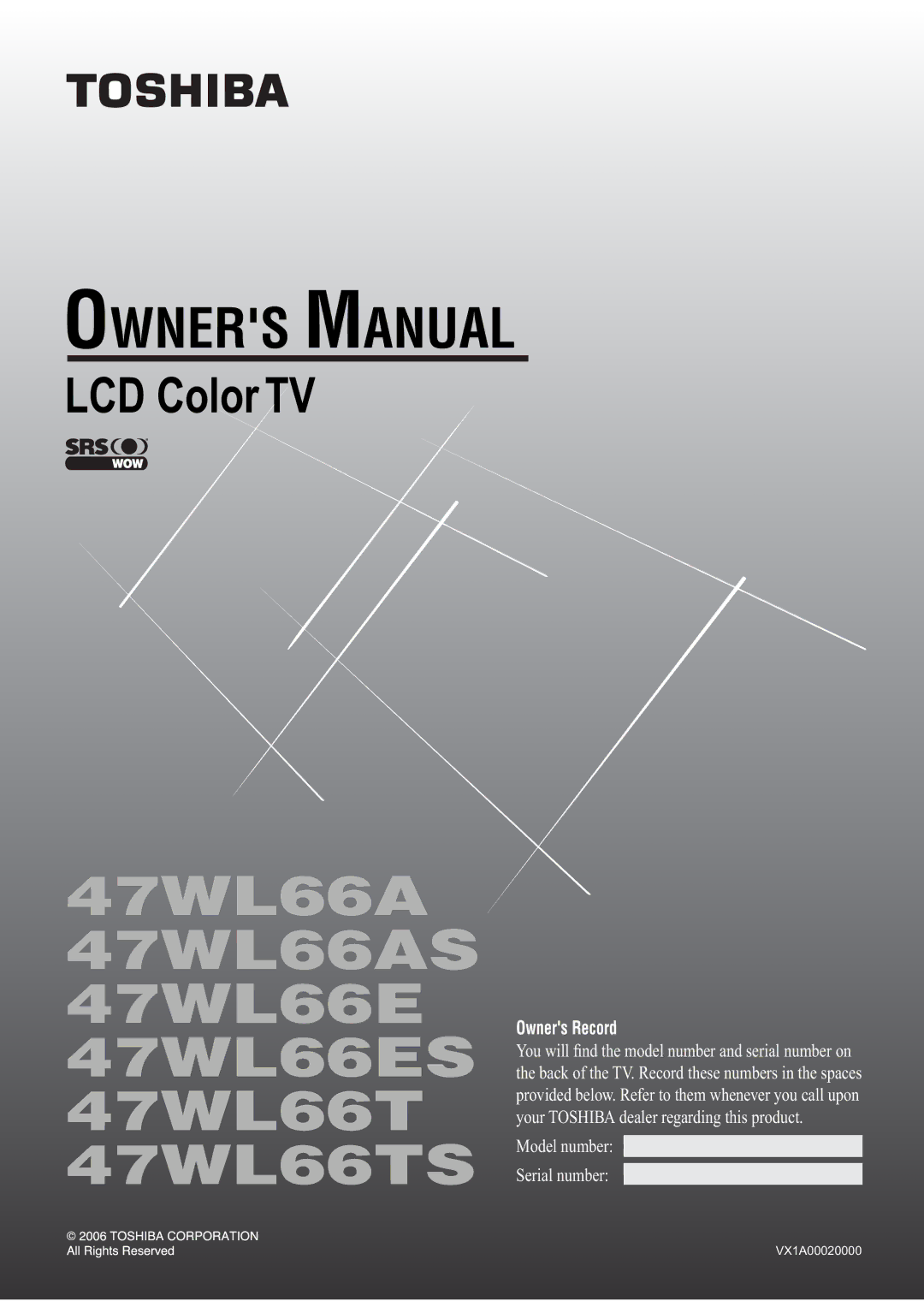 Toshiba owner manual 47WL66A 47WL66AS 47WL66E 47WL66ES 47WL66T 47WL66TS 