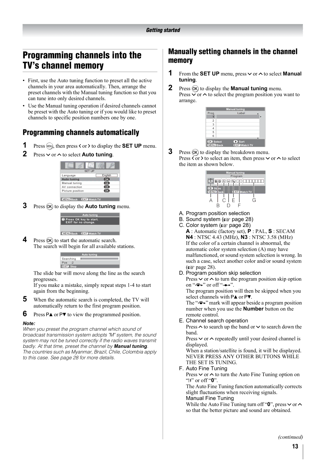 Toshiba 47WL66ES, 47WL66AS, 47WL66T Programming channels into the TV’s channel memory, Programming channels automatically 