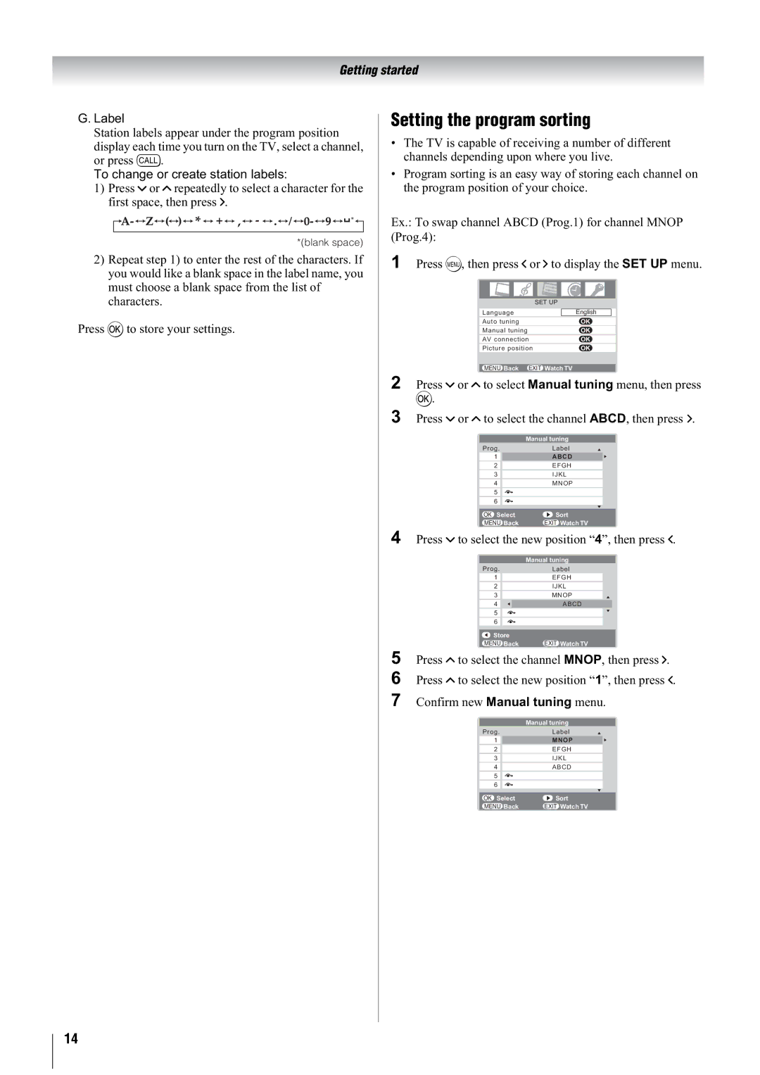 Toshiba 47WL66AS, 47WL66ES, 47WL66TS owner manual Setting the program sorting, Label 