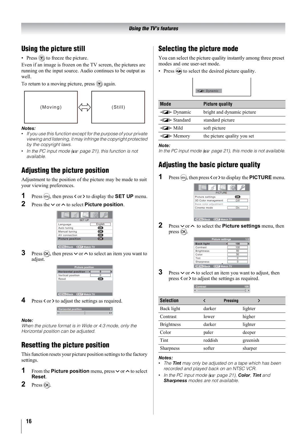 Toshiba 47WL66T, 47WL66AS, 47WL66ES Using the picture still, Adjusting the picture position, Resetting the picture position 