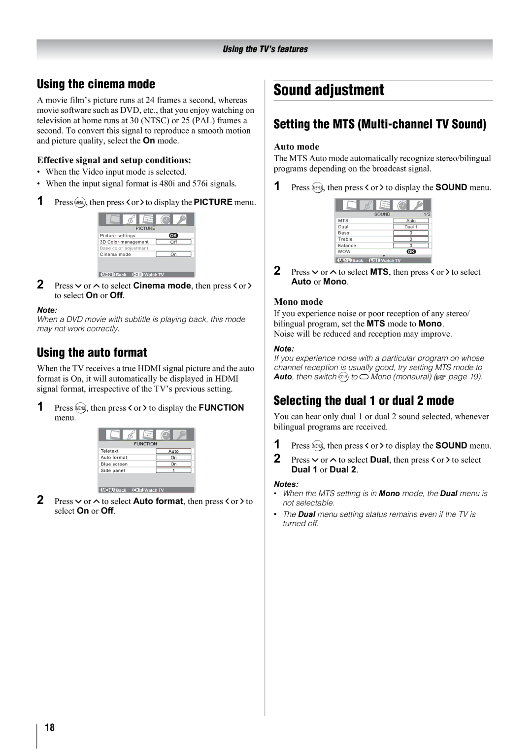 Toshiba 47WL66AS Sound adjustment, Using the cinema mode, Using the auto format, Setting the MTS Multi-channel TV Sound 