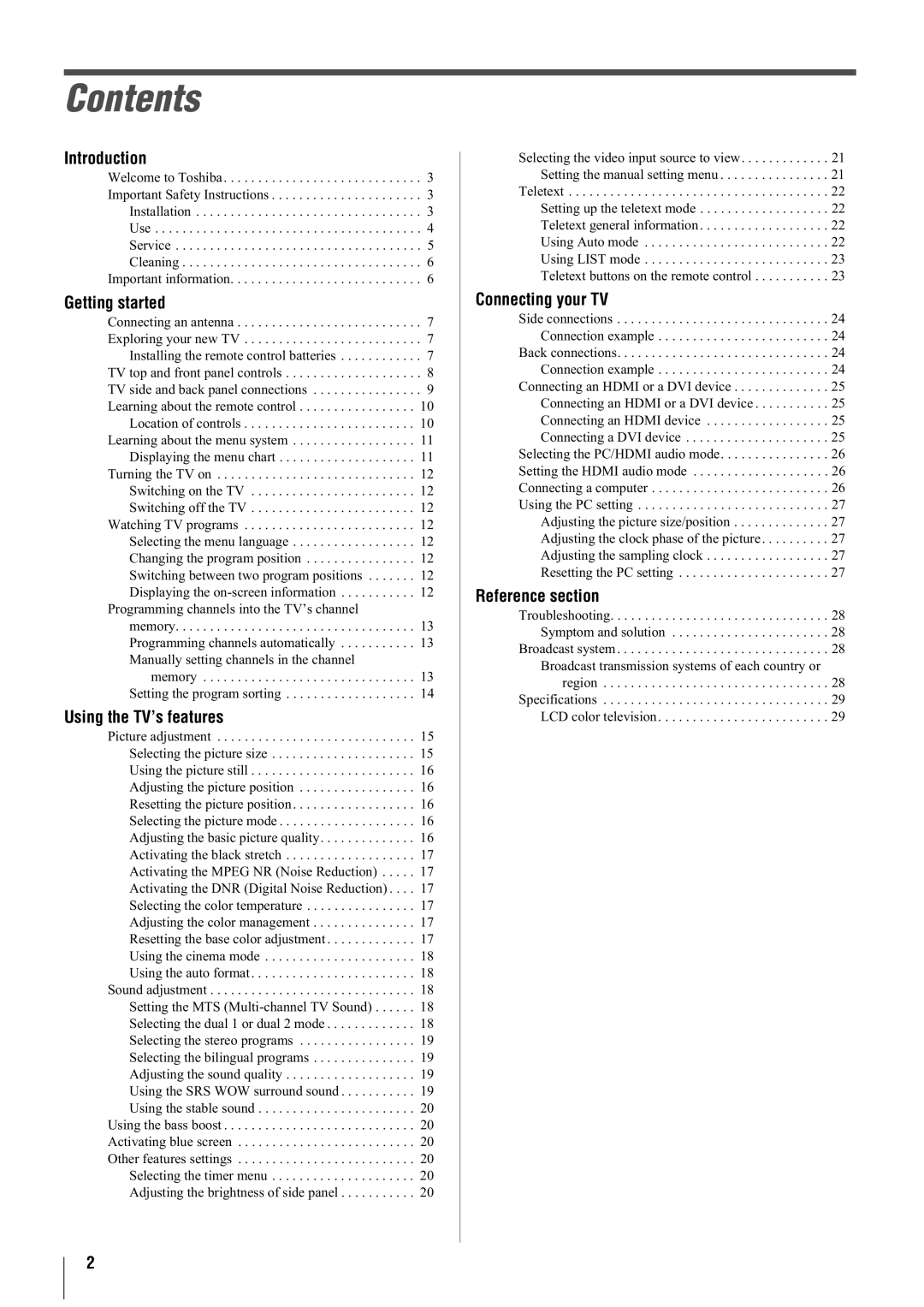 Toshiba 47WL66AS, 47WL66ES, 47WL66TS owner manual Contents 