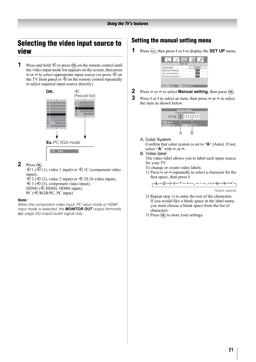 Toshiba 47WL66AS, 47WL66ES, 47WL66TS Selecting the video input source to view, Setting the manual setting menu 