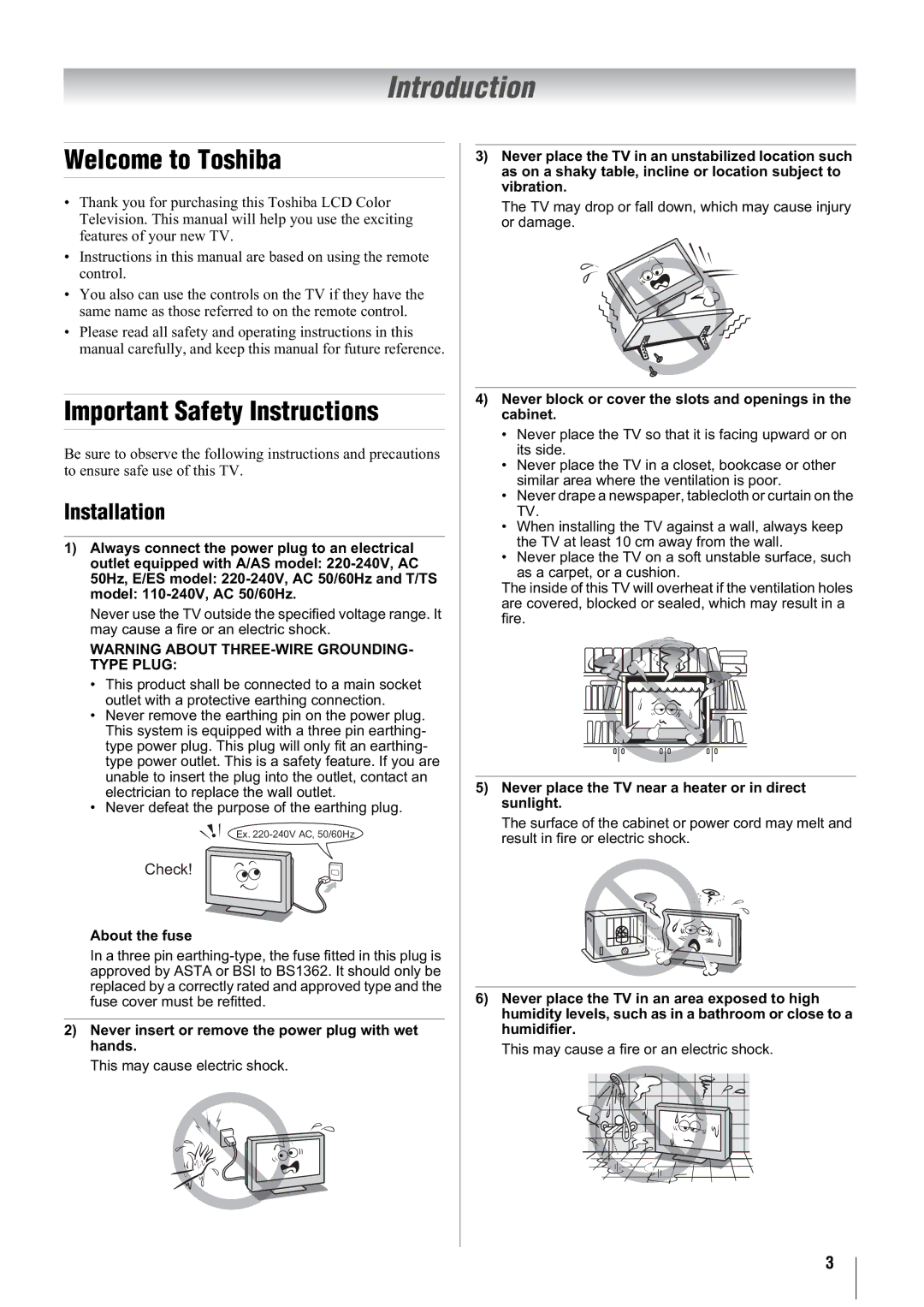 Toshiba 47WL66AS, 47WL66ES, 47WL66T Introduction, Welcome to Toshiba, Important Safety Instructions, Installation 