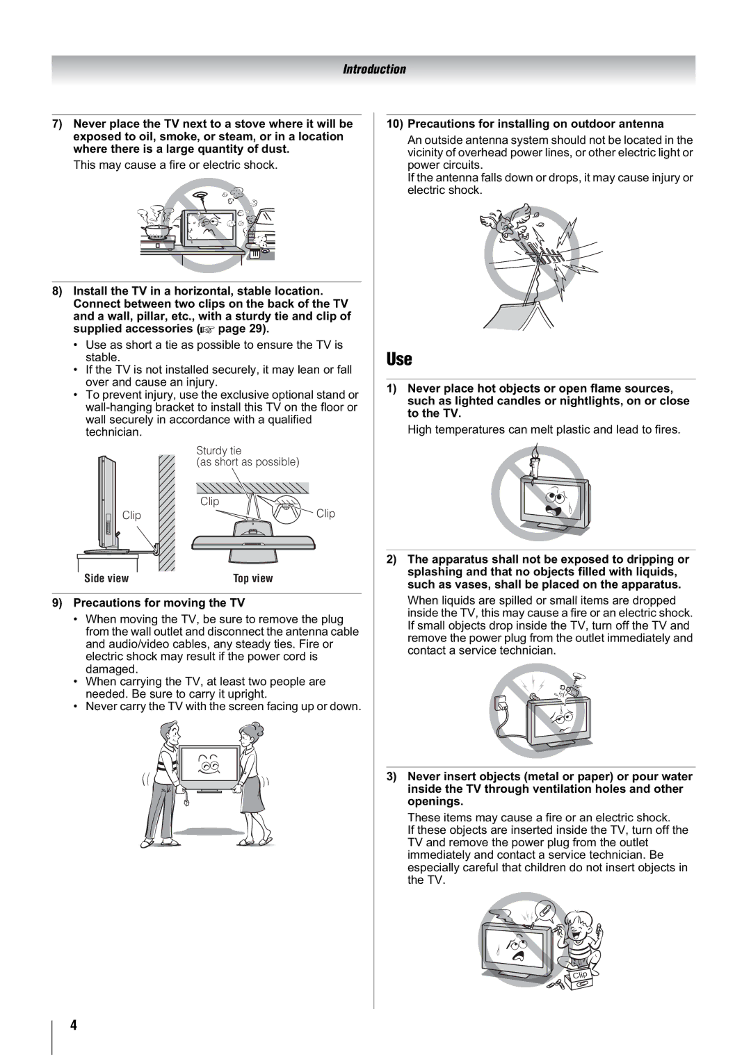 Toshiba 47WL66T, 47WL66AS, 47WL66ES Use, Precautions for moving the TV, Precautions for installing on outdoor antenna 