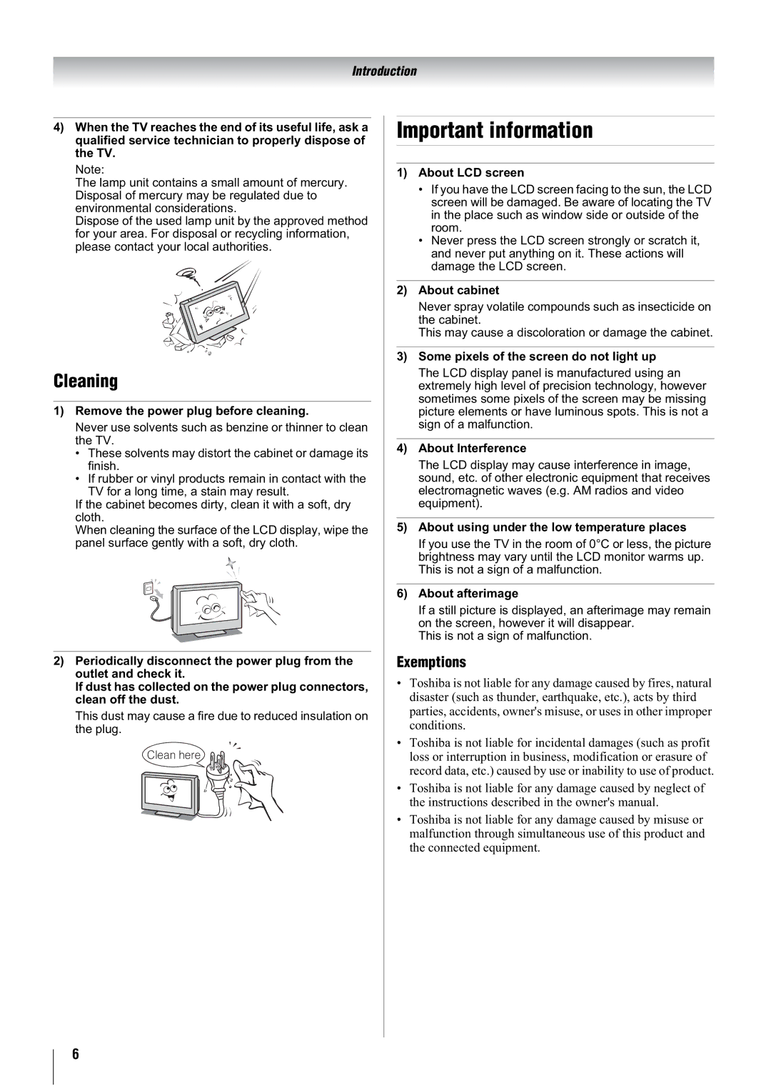 Toshiba 47WL66AS, 47WL66ES, 47WL66TS owner manual Important information, Cleaning 