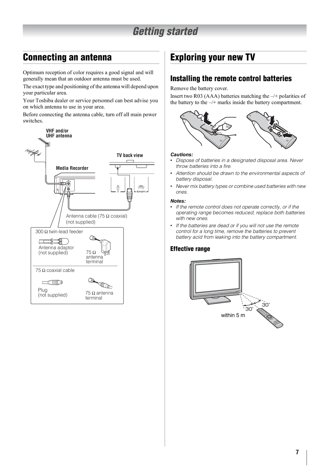 Toshiba 47WL66ES Getting started, Connecting an antenna, Exploring your new TV, Installing the remote control batteries 