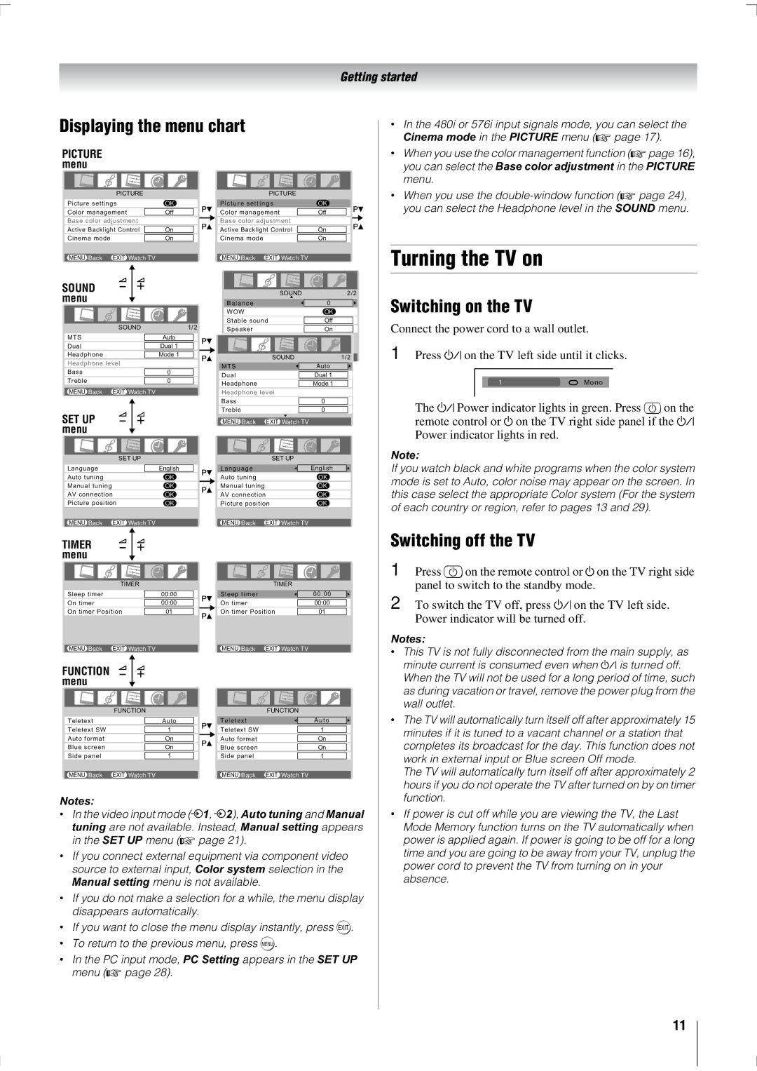 Toshiba 47WL68A, 47WL68E Turning the TV on, Displaying the menu chart, Switching on the TV, Switching off the TV, Menu 