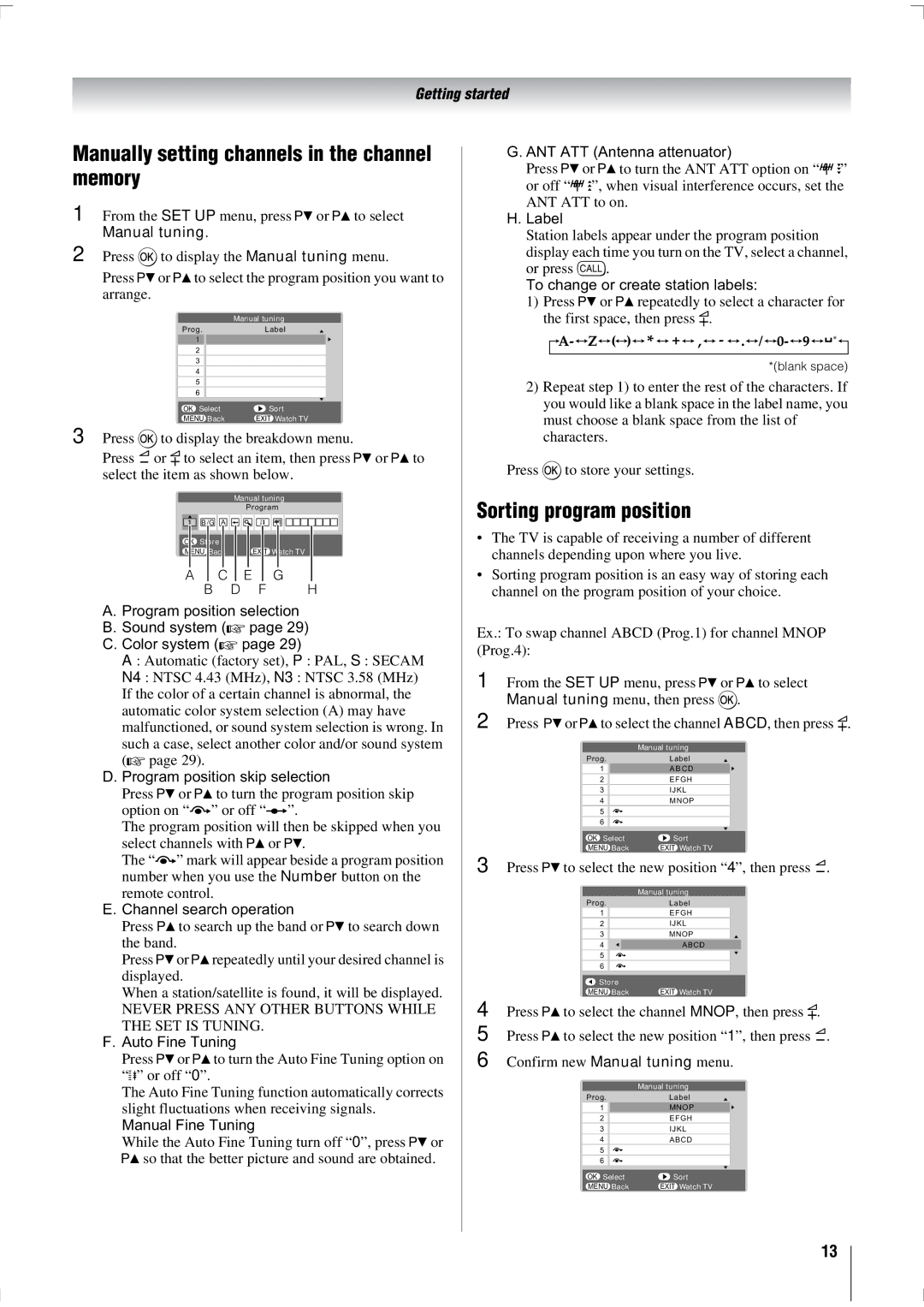 Toshiba 47WL68T, 47WL68E, 47WL68A owner manual Manually setting channels in the channel memory, Sorting program position 