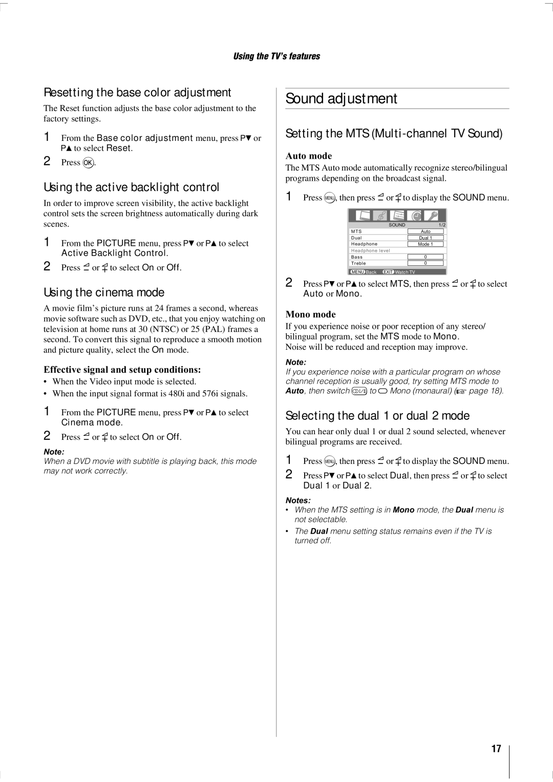 Toshiba 47WL68A, 47WL68E, 47WL68T owner manual Sound adjustment 