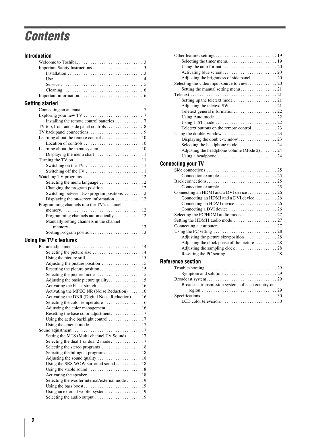 Toshiba 47WL68A, 47WL68E, 47WL68T owner manual Contents 