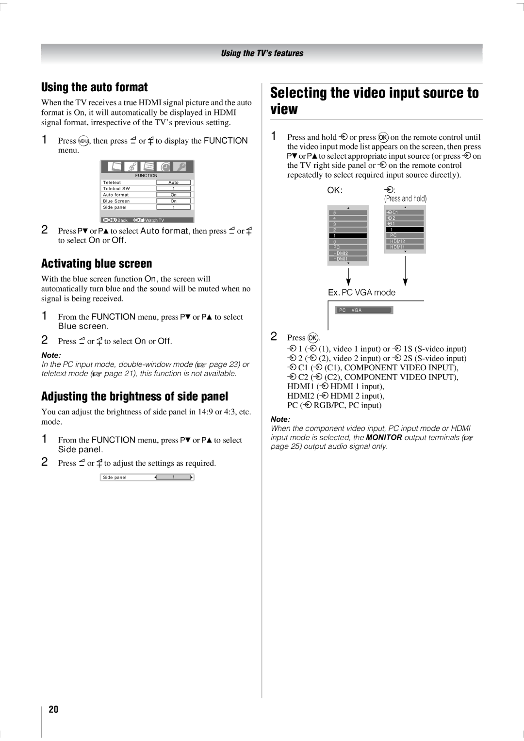 Toshiba 47WL68A Selecting the video input source to view, Using the auto format, Activating blue screen, Side panel 