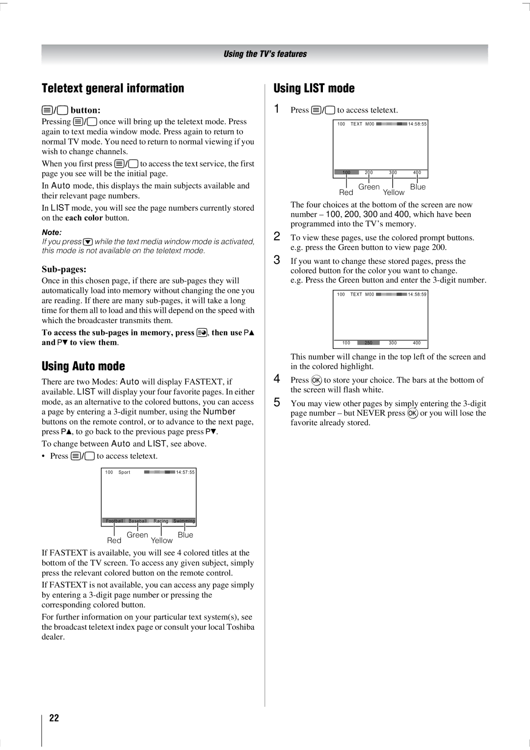 Toshiba 47WL68T, 47WL68E, 47WL68A Teletext general information, Using Auto mode, Using List mode, Button, Sub-pages 