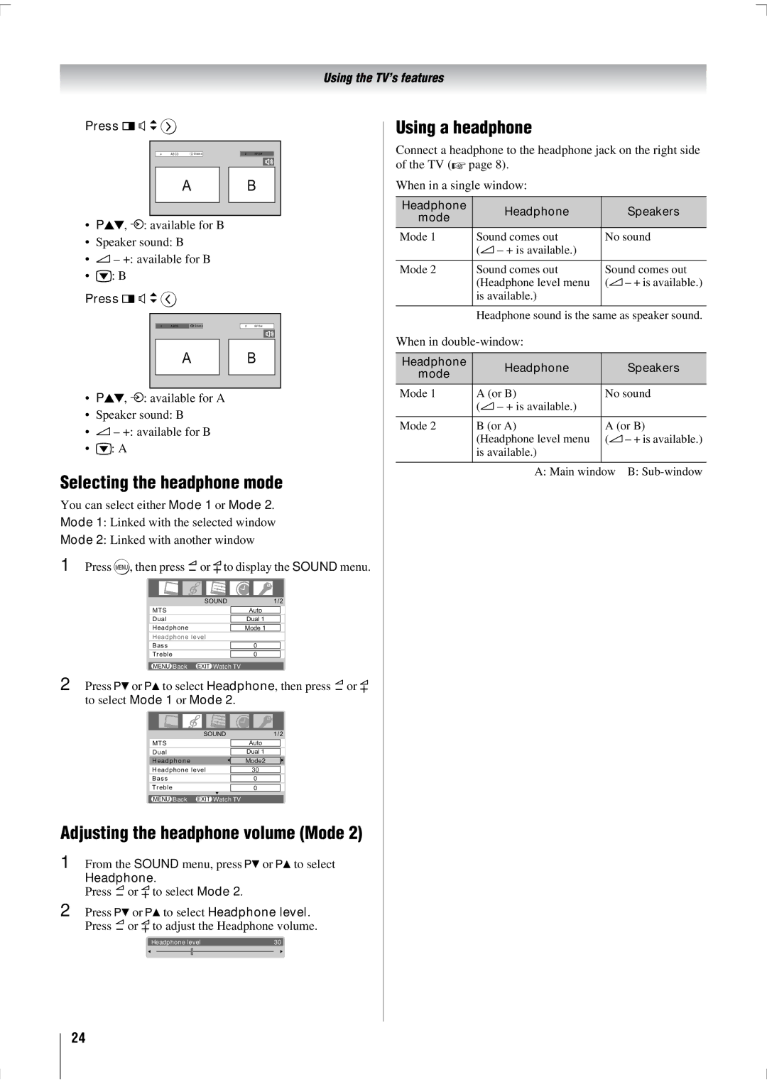 Toshiba 47WL68E, 47WL68T, 47WL68A owner manual Selecting the headphone mode, Using a headphone, Headphone 