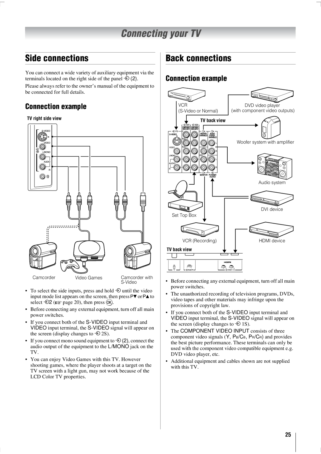 Toshiba 47WL68T, 47WL68E, 47WL68A owner manual Connecting your TV, Side connections, Back connections, Connection example 