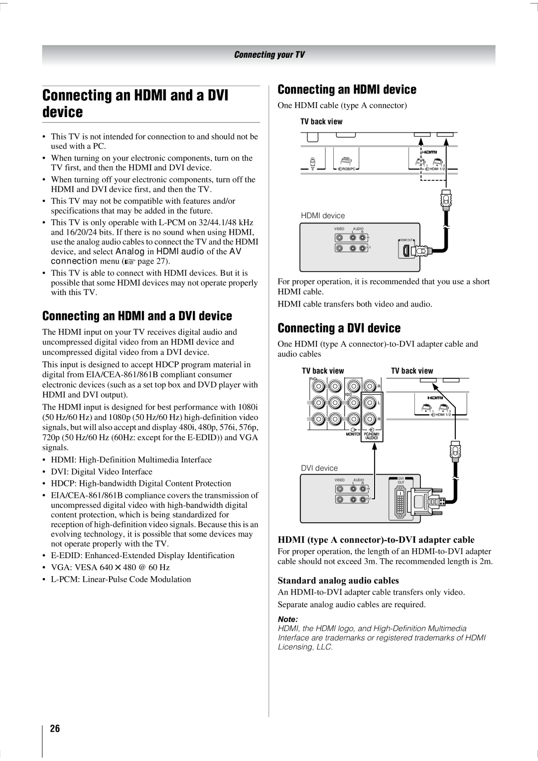 Toshiba 47WL68A, 47WL68E, 47WL68T Connecting an Hdmi and a DVI device, Connecting an Hdmi device, Connecting a DVI device 