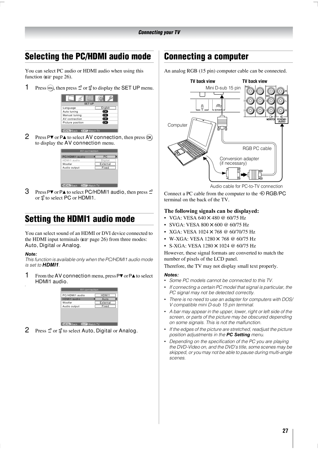 Toshiba 47WL68E, 47WL68T, 47WL68A Setting the HDMI1 audio mode, Connecting a computer, Following signals can be displayed 